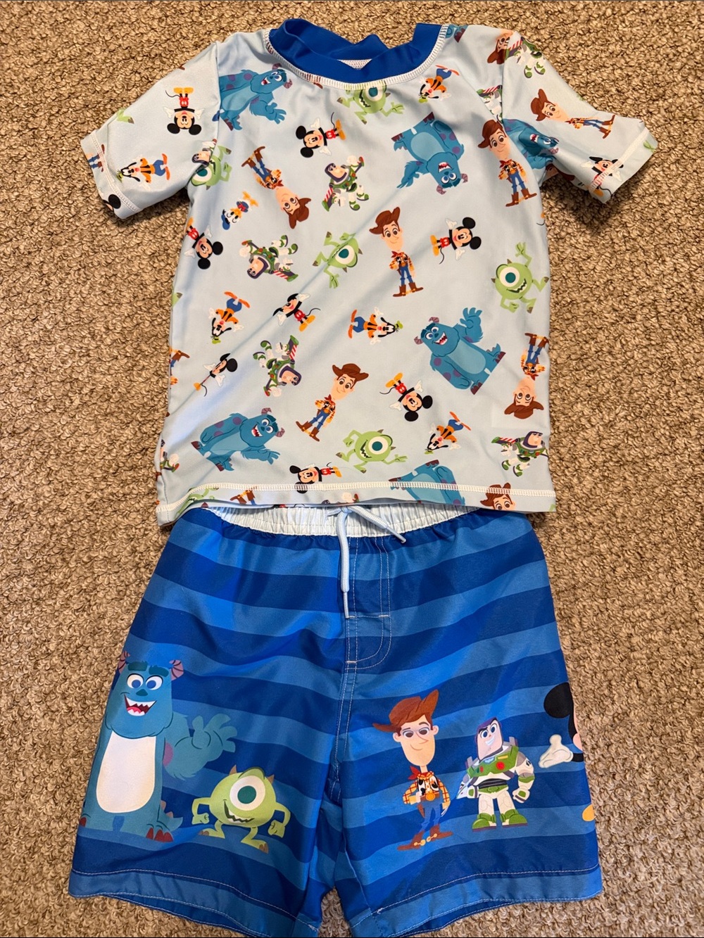 Disney 100 Blue Multi character print Swim Set- rash guard and trunks